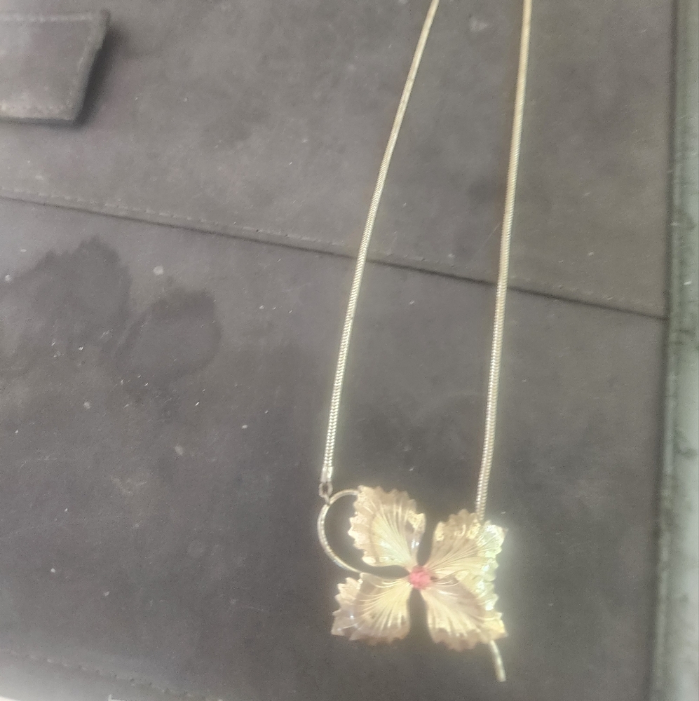 Gold and Pink Butterfly Pendant Necklace